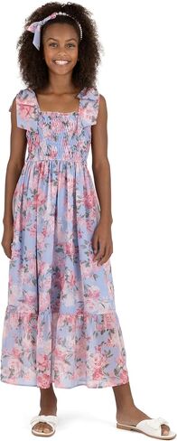 Speechless Girls' Printed Chiffon Smocked Bodice Maxi Dress with Pearl Headband in Saudi Arabia