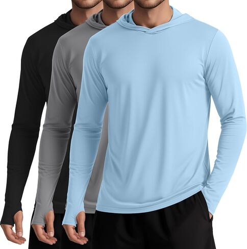 3 Pack Men's UPF 50+ Hoodies Long Sleeve Sun Protection Shirts with Thumb Holes Quick Dry Lightweight Rash Guard in Saudi Arabia