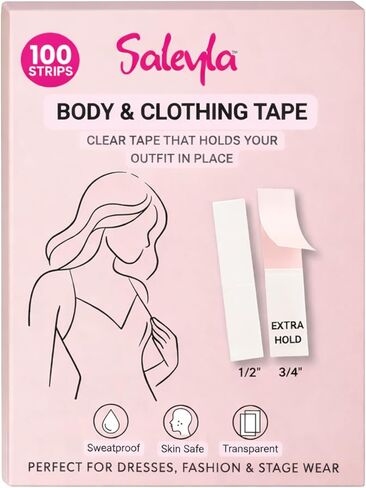 SALEYLA Body & Clothing Tape – 100 Clear Double-Sided Strips (50 Standard + 50 Extra Hold) | Sweatproof, Skin-Safe Fashion Tape for Dresses, Necklines, Stagewear & Secure Body Adhesive in Saudi Arabia
