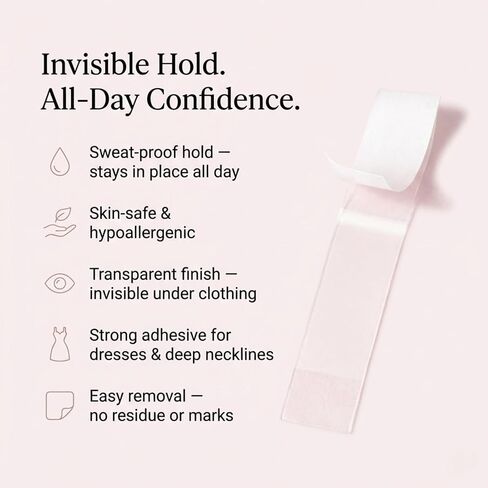 SALEYLA Body & Clothing Tape – 100 Clear Double-Sided Strips (50 Standard + 50 Extra Hold) | Sweatproof, Skin-Safe Fashion Tape for Dresses, Necklines, Stagewear & Secure Body Adhesive in Saudi Arabia