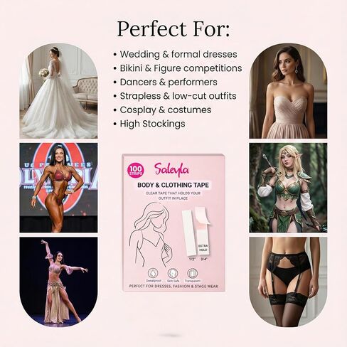 SALEYLA Body & Clothing Tape – 100 Clear Double-Sided Strips (50 Standard + 50 Extra Hold) | Sweatproof, Skin-Safe Fashion Tape for Dresses, Necklines, Stagewear & Secure Body Adhesive in Saudi Arabia