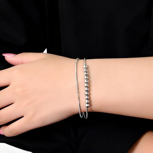 Silver Bracelets for Women Dainty Layered Bracelets Silver Beaded Chain Bracelet Fashion Jewelry Gifts for Mom Wife in Saudi Arabia
