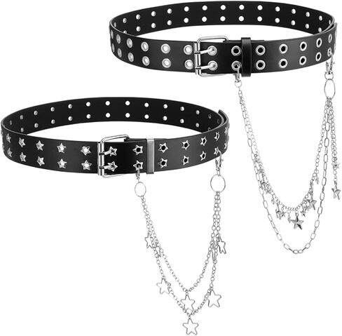 JATEBI 2 Pcs Studded Belts Y2K Star Belt Double Grommet Belt with Chain Punk Goth Dual Grommet Rock Belts for Women Men in Saudi Arabia