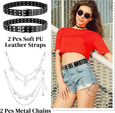 JATEBI 2 Pcs Studded Belts Y2K Star Belt Double Grommet Belt with Chain Punk Goth Dual Grommet Rock Belts for Women Men in Saudi Arabia