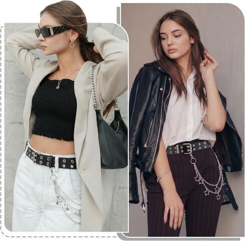 JATEBI 2 Pcs Studded Belts Y2K Star Belt Double Grommet Belt with Chain Punk Goth Dual Grommet Rock Belts for Women Men in Saudi Arabia