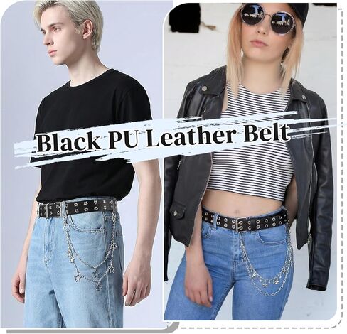 JATEBI 2 Pcs Studded Belts Y2K Star Belt Double Grommet Belt with Chain Punk Goth Dual Grommet Rock Belts for Women Men in Saudi Arabia