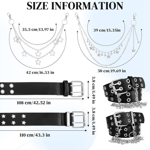 JATEBI 2 Pcs Studded Belts Y2K Star Belt Double Grommet Belt with Chain Punk Goth Dual Grommet Rock Belts for Women Men in Saudi Arabia