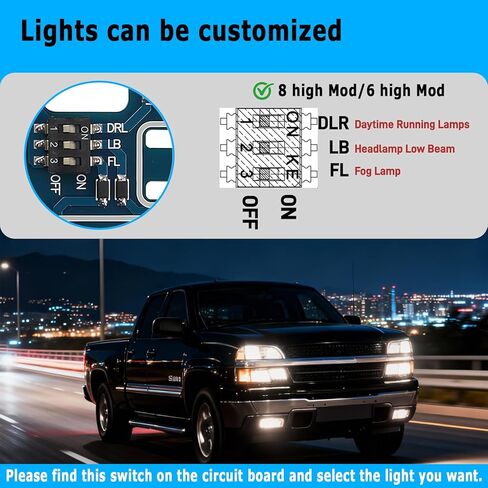 قابلة للتخصيص 6 تعديل عالي و8 تعديل عالي لـ 2003-2007 تشيفي سيلفرادو وسييرا 1500/2500/3500 كلاسيك | مصابيح ضباب DRL ذات عوارض منخفضة تظل مضاءة مع عوارض عالية | تركيب التوصيل والتشغيل in Kuwait