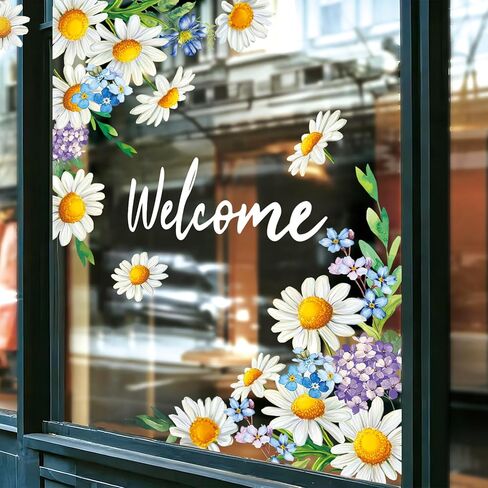JarThenaAMCS 35.4 x 13.8'' Extra Large Spring Floral Window Clings Daisy Hydrangea Flower Welcome Glass Decal Stickers for Summer Home Office Classroom Shop Party Wall Decor,2 Sheets in Saudi Arabia