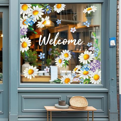 JarThenaAMCS 35.4 x 13.8'' Extra Large Spring Floral Window Clings Daisy Hydrangea Flower Welcome Glass Decal Stickers for Summer Home Office Classroom Shop Party Wall Decor,2 Sheets in Saudi Arabia
