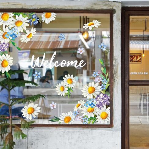 JarThenaAMCS 35.4 x 13.8'' Extra Large Spring Floral Window Clings Daisy Hydrangea Flower Welcome Glass Decal Stickers for Summer Home Office Classroom Shop Party Wall Decor,2 Sheets in Saudi Arabia