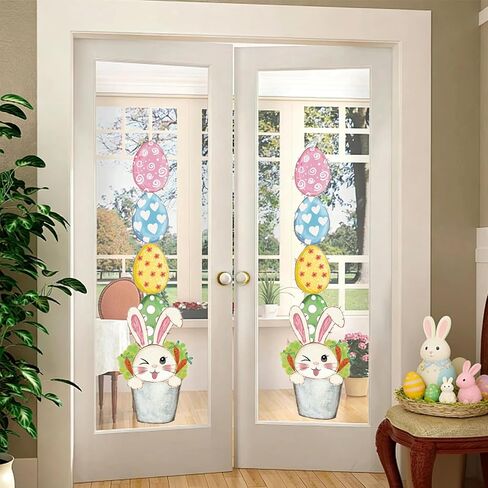 Easter Window Clings Decorations, Large Cute Fun Easter Bunny Eggs Potted Window Decals for Home Office School Slide Glass Door Storefronts, Double Sided Rustic Rabbit Vibrant Colored Eggs in Kuwait