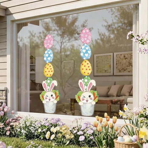 Easter Window Clings Decorations, Large Cute Fun Easter Bunny Eggs Potted Window Decals for Home Office School Slide Glass Door Storefronts, Double Sided Rustic Rabbit Vibrant Colored Eggs in Kuwait
