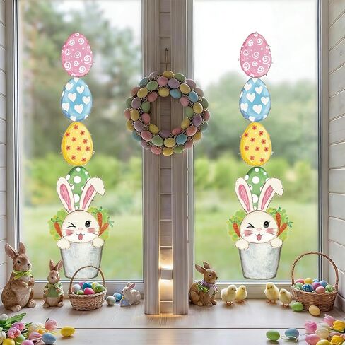 Easter Window Clings Decorations, Large Cute Fun Easter Bunny Eggs Potted Window Decals for Home Office School Slide Glass Door Storefronts, Double Sided Rustic Rabbit Vibrant Colored Eggs in Kuwait
