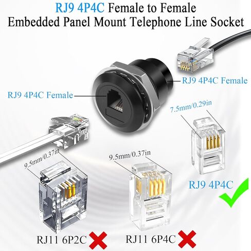 QIANRENON RJ9 Threaded Fixed Telephone Line Socket Adapter RJ9 4P4C Female to Female Embedded Bulkhead Mount Telephone Handset Connector 7.5mm Narrow, for Extension RJ 9 Port in Saudi Arabia