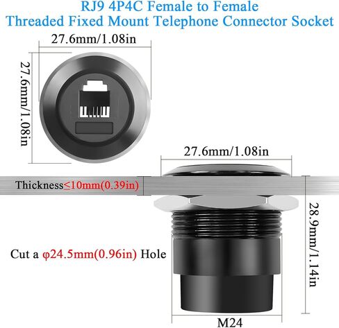 QIANRENON RJ9 Threaded Fixed Telephone Line Socket Adapter RJ9 4P4C Female to Female Embedded Bulkhead Mount Telephone Handset Connector 7.5mm Narrow, for Extension RJ 9 Port in Saudi Arabia