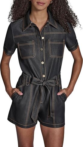 BCBG Women's Short Sleeve Collared Neck Denim Belted Romper in Saudi Arabia