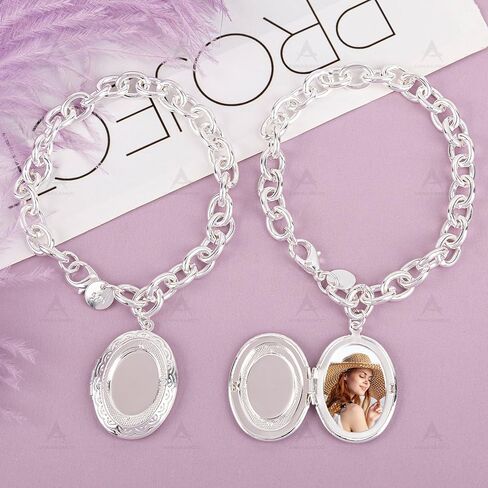 2 Pack Oval Photo Frame Locket Charm Bracelet Link for Wome Silver in Saudi Arabia