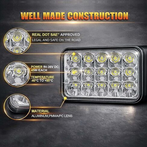 مصابيح LED 4x6 قطعتان مصابيح LED 45 وات مستطيلة H4651 H4652 H4656 H6545 متوافقة مع Peterbilt KW Kenworth Freightliner Chevy Oldsmobile Cutlass in Kuwait