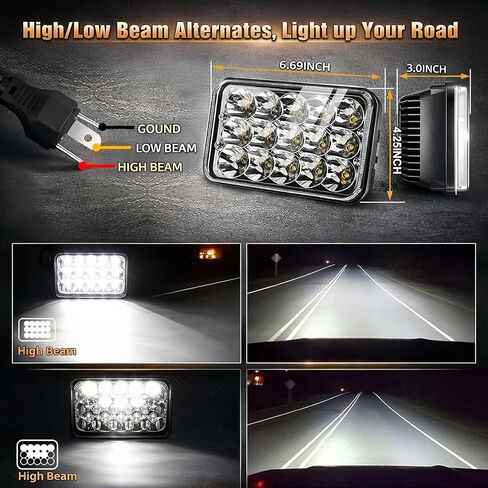 مصابيح LED 4x6 قطعتان مصابيح LED 45 وات مستطيلة H4651 H4652 H4656 H6545 متوافقة مع Peterbilt KW Kenworth Freightliner Chevy Oldsmobile Cutlass in Kuwait
