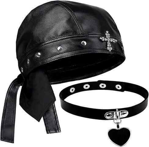 Rock Doo Rags Skull Cross Cap Biker Bandana Studs Do Rag with Punk Design with Necklace for Riding & Outdoor Activities in Kuwait