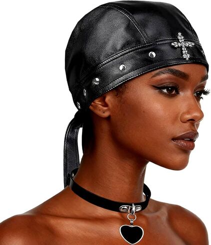 Rock Doo Rags Skull Cross Cap Biker Bandana Studs Do Rag with Punk Design with Necklace for Riding & Outdoor Activities in Kuwait