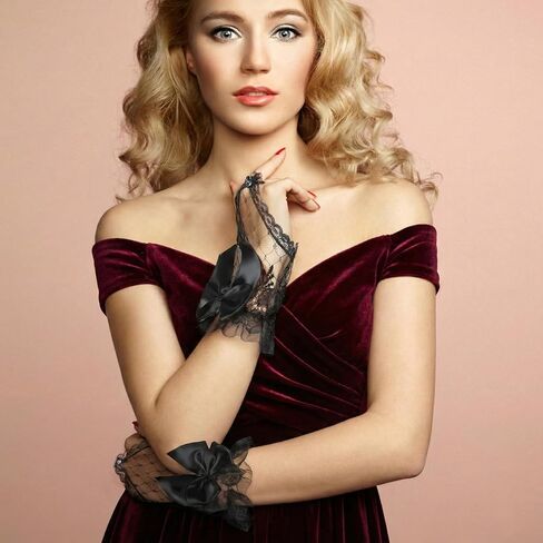 Yolev Black Lace Gloves for Women Short Bow Lace Fingerless Gloves Floral Mesh Tea Party Gloves for Women Bride Cosplay Funeral Prom Wedding Gloves in Saudi Arabia