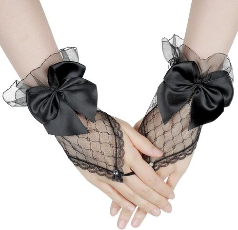Yolev Black Lace Gloves for Women Short Bow Lace Fingerless Gloves Floral Mesh Tea Party Gloves for Women Bride Cosplay Funeral Prom Wedding Gloves in Saudi Arabia