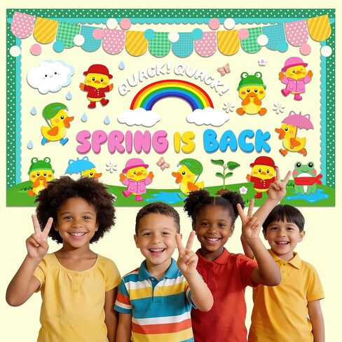 104 قطعة من ديكورات لوحة النشرات الربيعية، مجموعة ديكورات لوحة نشرات البط الربيعي، ديكورات الربيع الممطرة بسحابة قوس قزح للمكتب والفصول الدراسية والمنزل، الربيع يعود إلى ديكورات لوحة الإعلانات in Kuwait
