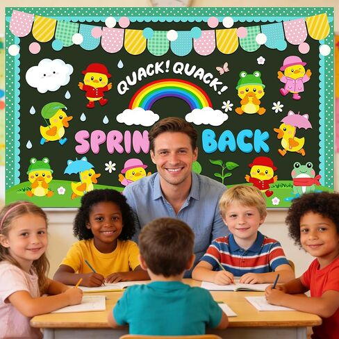 104 قطعة من ديكورات لوحة النشرات الربيعية، مجموعة ديكورات لوحة نشرات البط الربيعي، ديكورات الربيع الممطرة بسحابة قوس قزح للمكتب والفصول الدراسية والمنزل، الربيع يعود إلى ديكورات لوحة الإعلانات in Kuwait