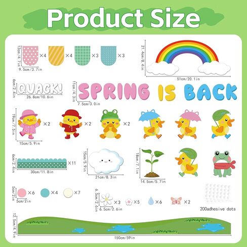 104 قطعة من ديكورات لوحة النشرات الربيعية، مجموعة ديكورات لوحة نشرات البط الربيعي، ديكورات الربيع الممطرة بسحابة قوس قزح للمكتب والفصول الدراسية والمنزل، الربيع يعود إلى ديكورات لوحة الإعلانات in Kuwait