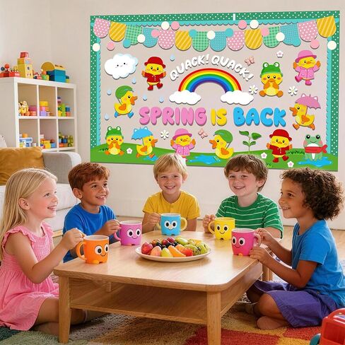 104 قطعة من ديكورات لوحة النشرات الربيعية، مجموعة ديكورات لوحة نشرات البط الربيعي، ديكورات الربيع الممطرة بسحابة قوس قزح للمكتب والفصول الدراسية والمنزل، الربيع يعود إلى ديكورات لوحة الإعلانات in Kuwait