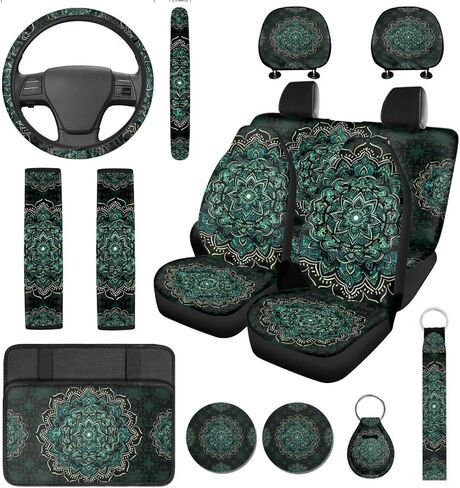 14 قطعة من أغطية مقاعد السيارة ماندالا الخضراء مع غطاء عجلة القيادة، أغطية حزام الأمان وحامل الأكواب مع سلسلة مفاتيح، مجموعة حماية السيارات المبتكرة غير شاملة للسيارات ذات الدفع الرباعي التركية، أخضر in Kuwait