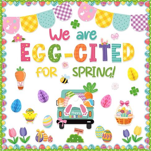 Konsait 67Pcs Easter Bulletin Board Decorations Set, Spring Flowers Borders 3D Eggs Cutouts for School Home Office, Easter Decorations in Saudi Arabia