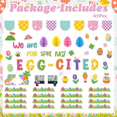 Konsait 67Pcs Easter Bulletin Board Decorations Set, Spring Flowers Borders 3D Eggs Cutouts for School Home Office, Easter Decorations in Saudi Arabia
