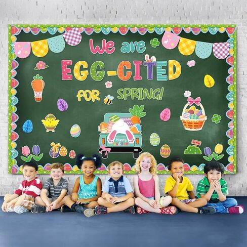 Konsait 67Pcs Easter Bulletin Board Decorations Set, Spring Flowers Borders 3D Eggs Cutouts for School Home Office, Easter Decorations in Saudi Arabia