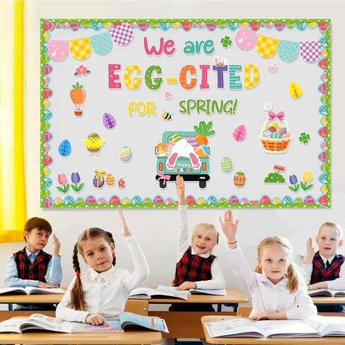 Konsait 67Pcs Easter Bulletin Board Decorations Set, Spring Flowers Borders 3D Eggs Cutouts for School Home Office, Easter Decorations in Saudi Arabia