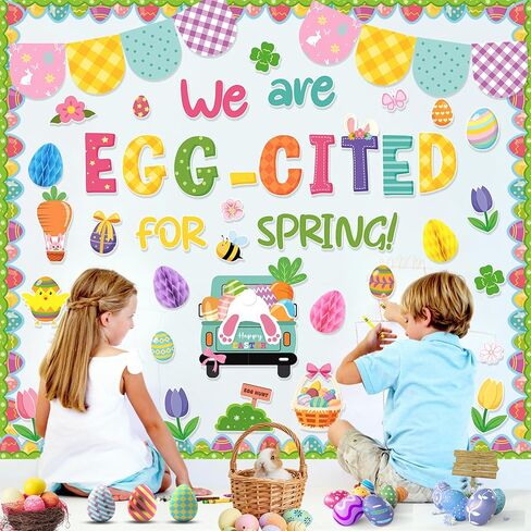 Konsait 67Pcs Easter Bulletin Board Decorations Set, Spring Flowers Borders 3D Eggs Cutouts for School Home Office, Easter Decorations in Saudi Arabia