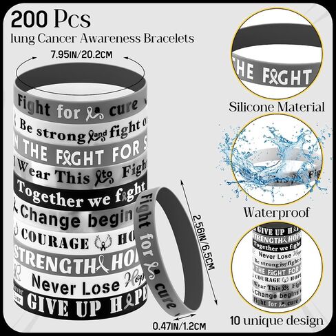 200pcs Lung Cancer Awareness Bracelets Bulk White Ribbon Silicone Bracelets Inspirational Brain Bone Lung Cancer Awareness Wristband for Women Men Public Fundraising Charity Campaign in Saudi Arabia