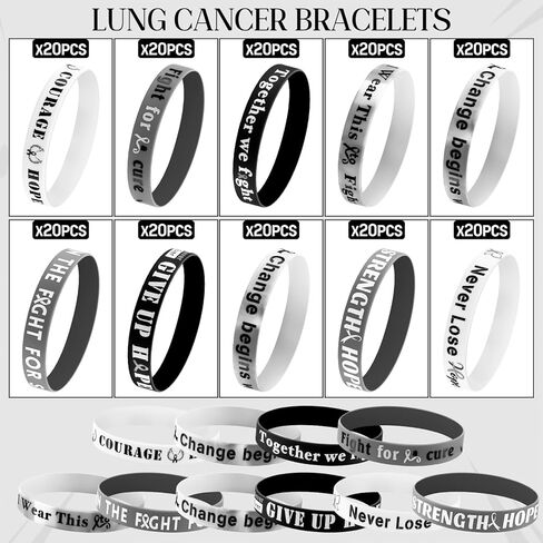 200pcs Lung Cancer Awareness Bracelets Bulk White Ribbon Silicone Bracelets Inspirational Brain Bone Lung Cancer Awareness Wristband for Women Men Public Fundraising Charity Campaign in Saudi Arabia