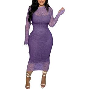 طقم فستان دانتيل نسائي مكون من قطعتين أنيق بقصة ضيقة شفافة من خلال فستان متوسط ​​الطول وحفلات أعياد الميلاد وحفلات الكوكتيل وحفلات الزفاف in Kuwait