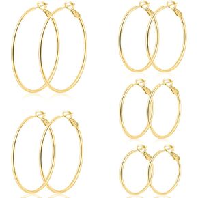 5 Pairs Gold Hoop Earrings for Women, Stainless Steel 30/40/50/60/70 mm Gold Earrings for Women, Hypoallergenic Lightweight Hoop Earrings Set in Saudi Arabia