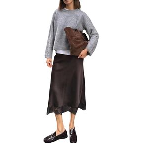 تنورة طويلة للنساء من GORGLITTER من الساتان والدانتيل، تنورة متوسطة الطول أنيقة عالية الخصر لحفلات الزفاف in Kuwait