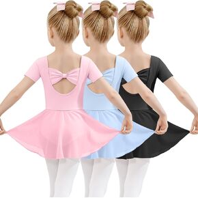 3 Pack Girls Ballet Leotards with Skirt Toddler Short Sleeve Leotard Outfits Kids Dance Skirt Dress with Bow in Kuwait