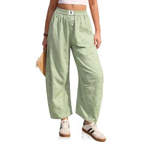 TARSE Gingham Pants Women Barrel Loose Wide Leg Checkered Casual Linen Plaid Trousers with Pockets in Kuwait
