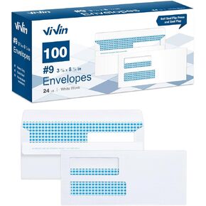 Vivin 520 No.9 مغلفات عمل قابلة للطي وختم الأمان لفواتير Quickbooks وبيانات الأعمال، المنزل والمكتب، 3-7/8 × 8-7/8 بوصة، نافذة مزدوجة، 24 رطل، أبيض in Kuwait