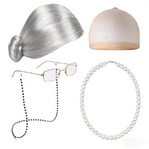 YKYOBFA 5pcs Old Lady Costume Set Grandma Wig Granny Wig Cap Madea Granny Glasses Eyeglass Chains Cords Faux Pearl Bead Necklace Women Cosplay Set in Kuwait