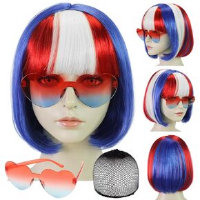 قبعة شعر مستعار + شعر مستعار بوب أحمر وأبيض وأزرق مع نظارات شمسية للنساء شعر مستعار قصير مستقيم ملون للحفلات النيون لزي الهالوين علم المرأة شعر وطني ملون للبالغين in Kuwait