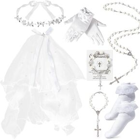 First Communion Veils Set for Girls - Catholic 1st Communion Veil Accessories with Wreath Headpiece, Veil, Pearl Rosary, Gloves, Lace Socks, Necklace, Bracelet for Kid's Wedding Party Cosplay Costume in Kuwait