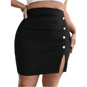 WDIRARA Women's Plus Size Ruched Bodycon Skirt High Waisted Button Split Hem Short Skirts in Kuwait